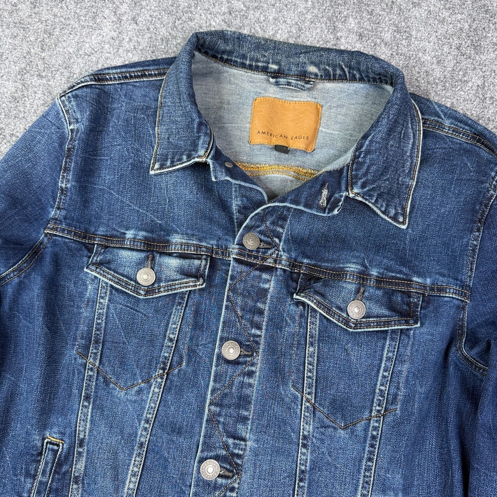 American Eagle Mens Denim Trucker Jacket XL Blue Stretch Jean Jacket Medium Wash